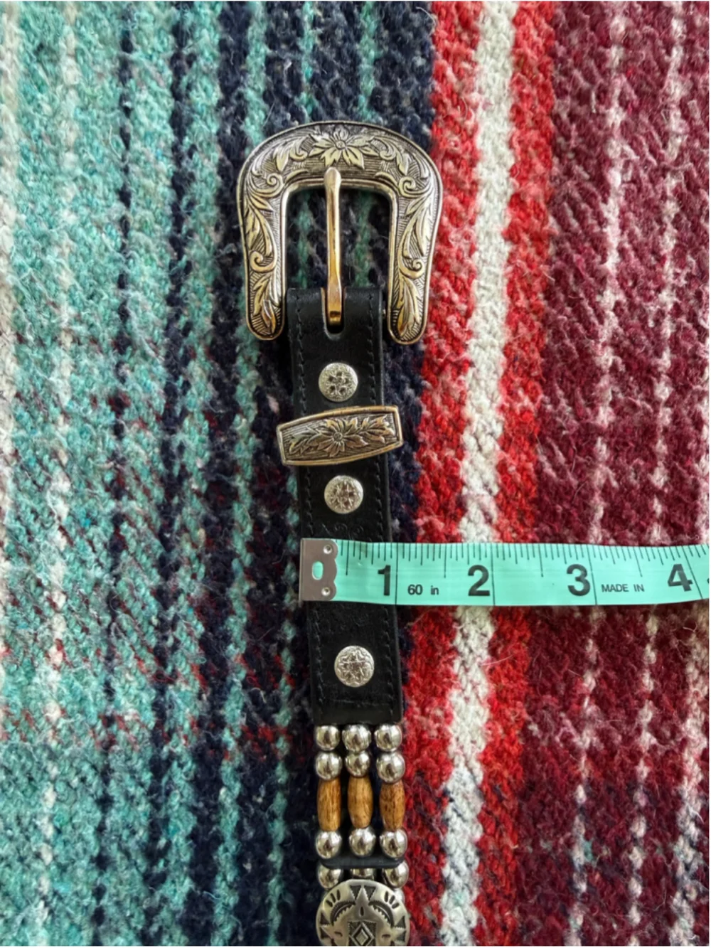 Vintage Cactus Mountain 3 Strand Beaded Black Leather Western Belt 34